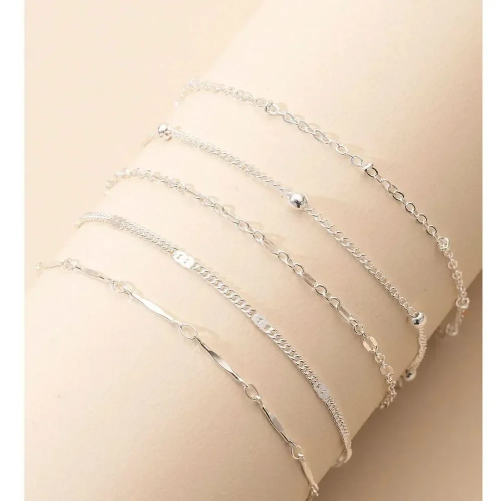 5 pc Silver Stackable Layered Anklet / Bracelet Chain Set Adjstable Summer Beach